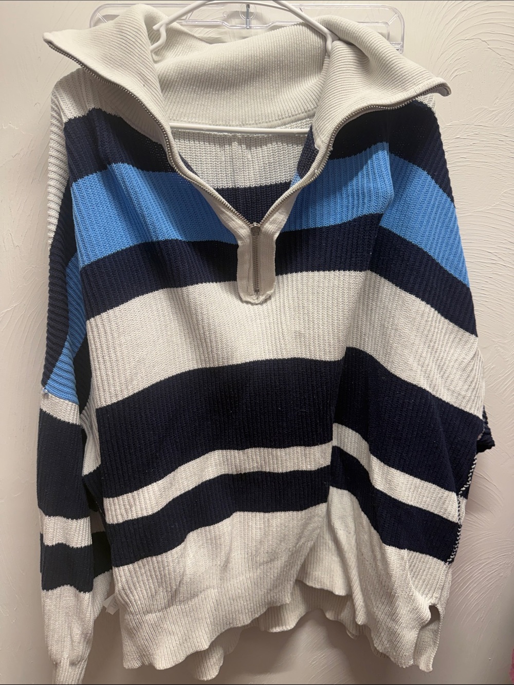 aerie Striped Half-Zip Pullover in Navy, White & Light Blue
